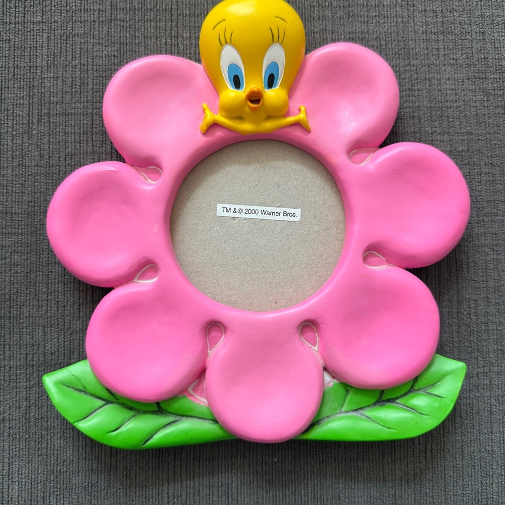 Looney Tunes Tweety Bird Pink Flower Ceramic Picture Frame Vintage 2000